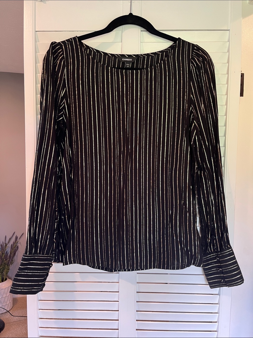 Express Black Blouse with Metallic Gold Stripes